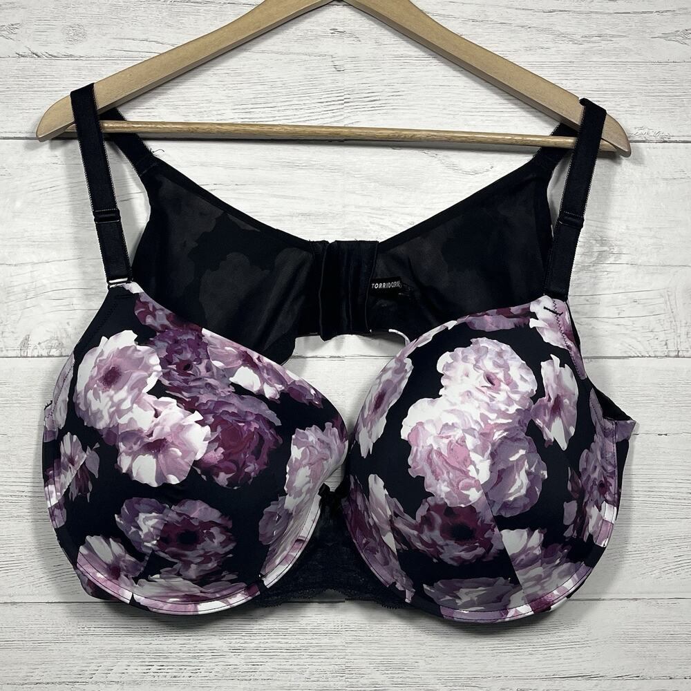 Torrid curve womens lined underwired black floral bra size 46DD